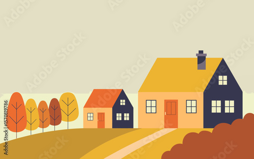 Illustration of houses in autumn landscape with trees and cozy home design