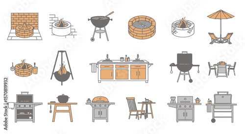 Outdoor BBQ and Patio Furniture Line Icon Set