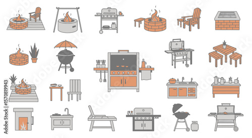 Outdoor BBQ and Patio Furniture Line Icon Set