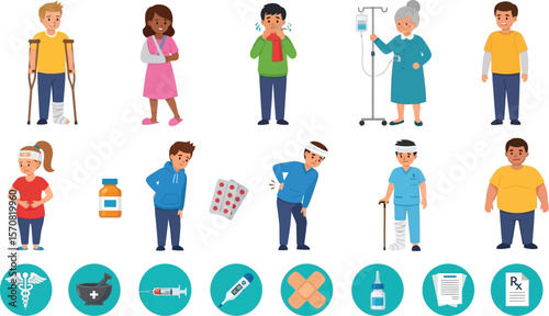 Cartoon illustration of people with various ailments and medical symbols