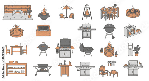 Outdoor BBQ and Patio Furniture Line Icon Set