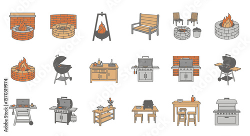Outdoor BBQ and Patio Furniture Line Icon Set