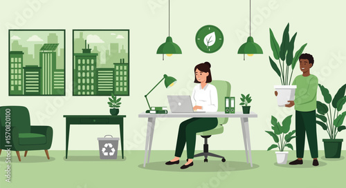 Green office with people and plants