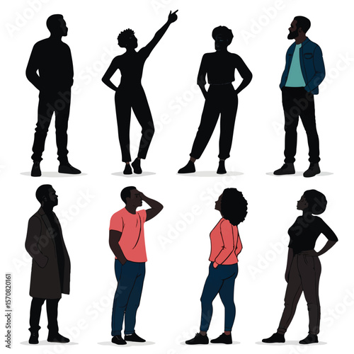 Diverse Group of People Silhouettes in Various Poses, Looking Up, Pointing, Standing