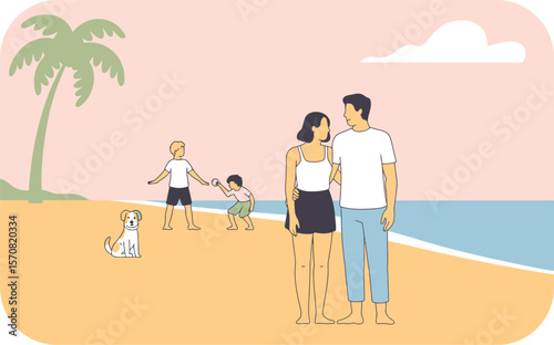 Family vacation at beach illustration with kids and dog summer holiday fun