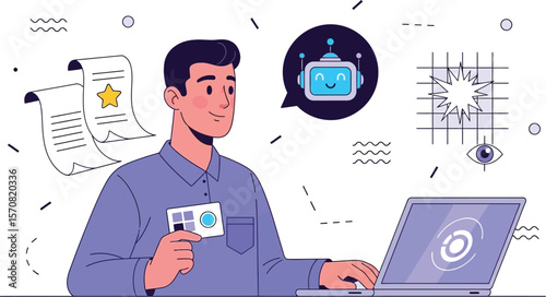Man with laptop, chatbot, and documents vector illustration