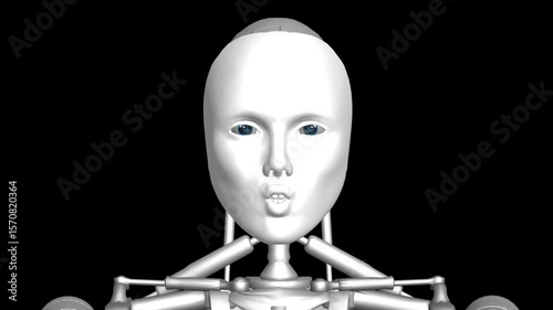 A 3D animation of a humanoid futuristic robot with a human-like face and metallic skeleton. The robot speaks and emotes like a human, showcasing advanced AI design. Perfect for sci-fi, tech demos, or 