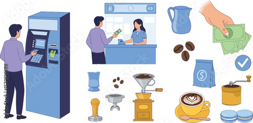 Bank transactions and coffee preparation vector illustration