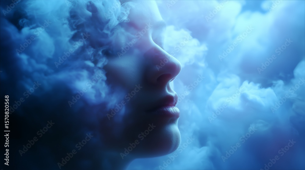 Obraz premium Mysterious woman in ethereal fog during twilight capturing serene emotions and dreamy reflections