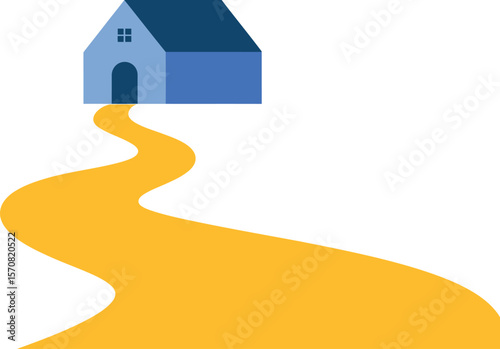 Find your dream home illustration with winding road leading to blue house