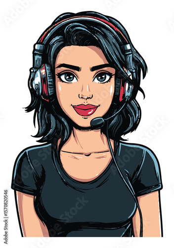 Stylish Female Character with Headset for Communication and Support