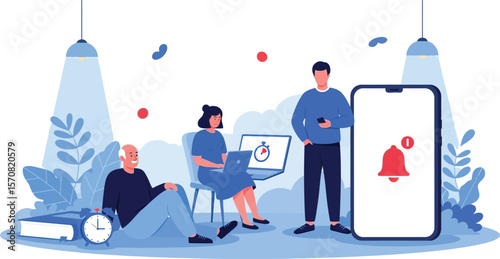 People with laptop, phone and clock
