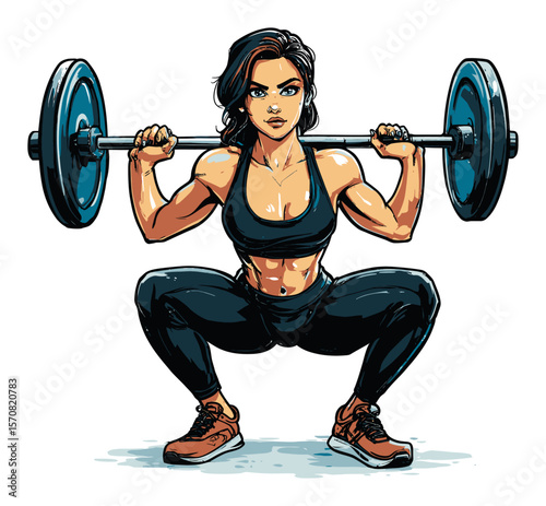 Strong Woman Lifting Barbell in Squat Pose Illustration Vector Art Design