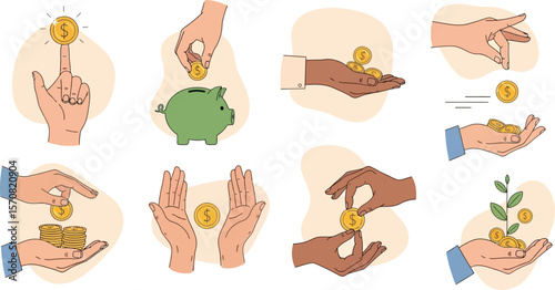 Hands with coins and piggy bank vector illustration