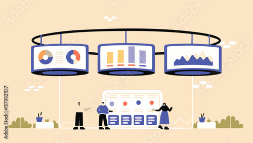 Team analyzing data displayed on hanging screens with charts and graphs in a modern office space