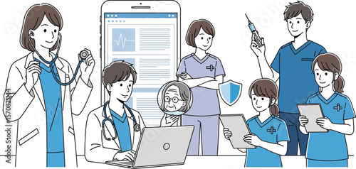 Medical team with doctor, nurses, and patient illustration
