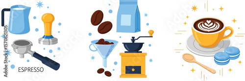 Coffee preparation and serving vector illustration