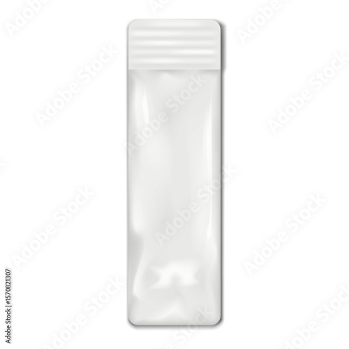 Blank white stick plastic bag packaging. Realistic vector mock-up. Long sachet pouch. 3d mockup. Food, medical, cosmetic product individual package. Template for design