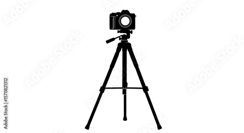 Camera on tripod silhouette black and white minimal illustration