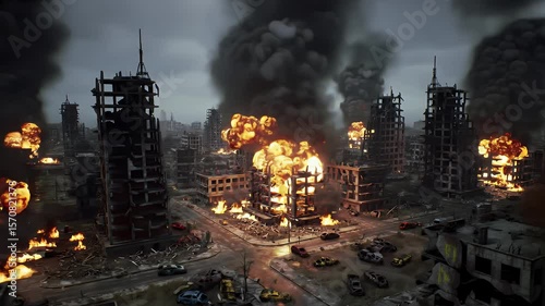 City Engulfed In Explosions With Destroyed Buildings Smoke and Overcast Sky Depicting Urban Warfare and Devastation