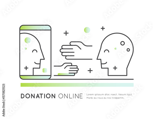 Donation and charity concept with online giving, financial support, heart, hands, fundraising, volunteering, nonprofit aid, generosity, and contribution in outline vector style icon logo