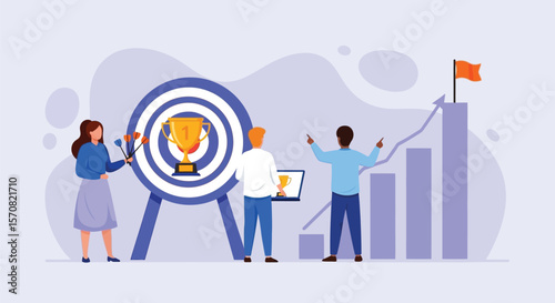 Team achieving goals with target and growth chart