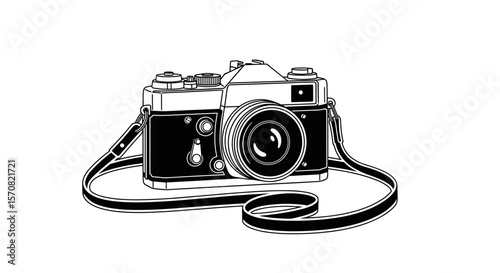  Vintage camera with strap hand-drawn black and white illustration