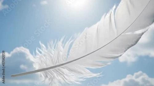 White Feather Drifting in Sunlit Sky with Gentle Spiral and Soft Glow