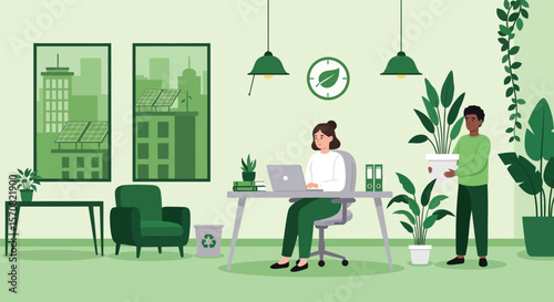 Eco-friendly office with people and plants
