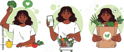 Woman with vegetables and grocery bag illustrations