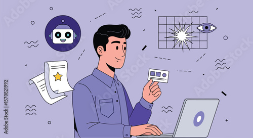 Man with laptop, robot, and eye illustration