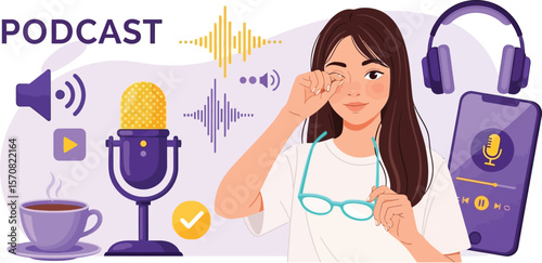 Podcast illustration with woman, microphone, and headphones