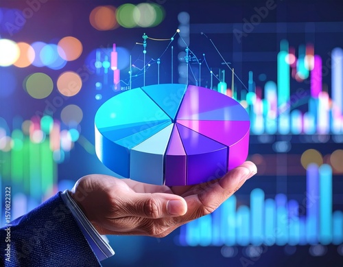 Investment portfolio management. Diversified strategy using stocks, bonds and commodities. Pie chart and candlestick charts.