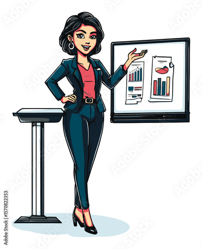 Professional Woman Presenting Data on Screen in a Modern Office Environment
