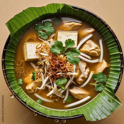 Indonesian soto ayam in banana leaf-lined bowl