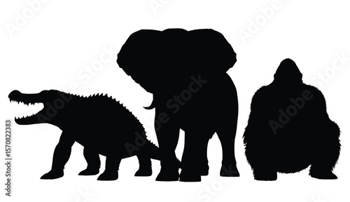 "Wild Animal Silhouettes of Crocodile Elephant and Gorilla Vector"
