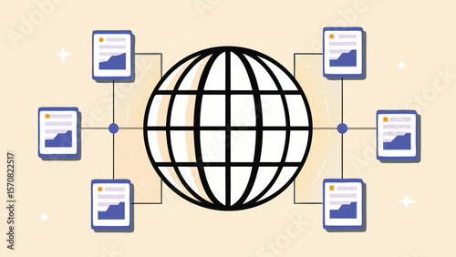 Global network connecting documents with upward trending graphs on a light beige background design