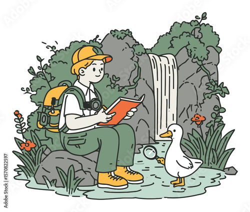 Child Nature Explorer Sitting by Waterfall with Sketchpad and Duck