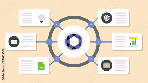 Illustration of a central hub connected to various icons representing different business functions