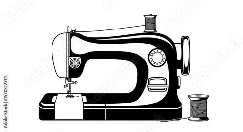 Sewing machine hand-drawn black and white vintage illustration