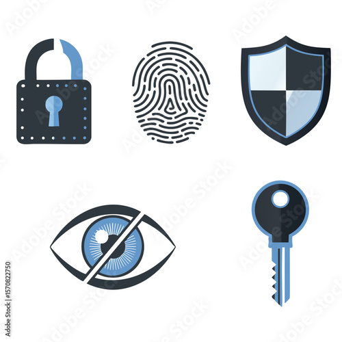 Collection of security and privacy icons including a padlock fingerprint shield eye and key