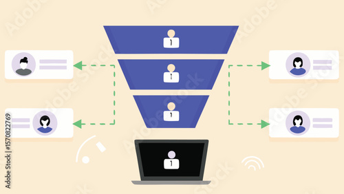 Blue funnel with people icons connecting to profile cards and a laptop illustration of conversion