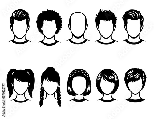 Diverse haircut styles silhouettes on white background