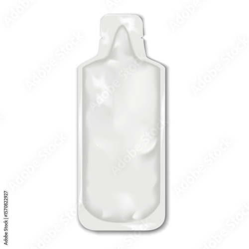 Bottle shaped tear notch sachet pouch. Realistic vector mock-up. Blank white plastic bag. 3d mockup. Liquid product single dose, serving individual package. Template for design