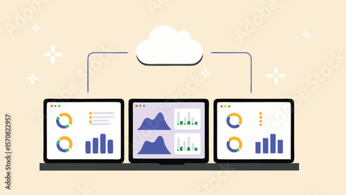 Three monitors displaying charts connected to a cloud on a light beige background color scheme