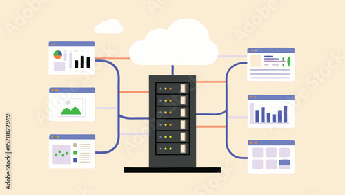Illustration of a server connected to a cloud and various data dashboards with lines and a light background