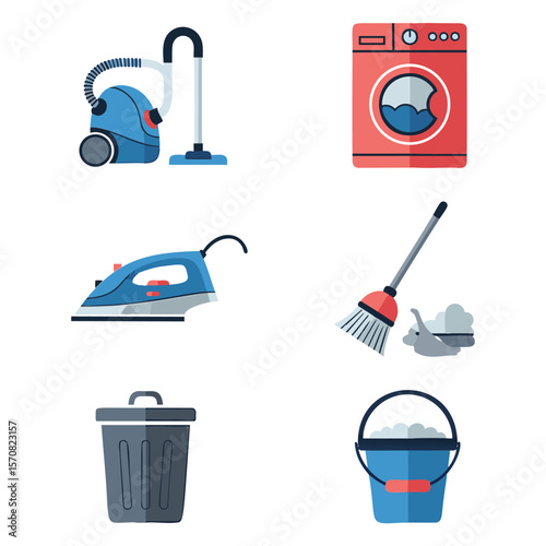 Collection of household cleaning tools and appliances on a white background