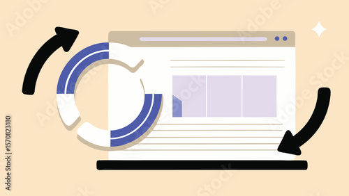 Website refresh cycle with browser window and arrows indicating a continuous process of updating the site