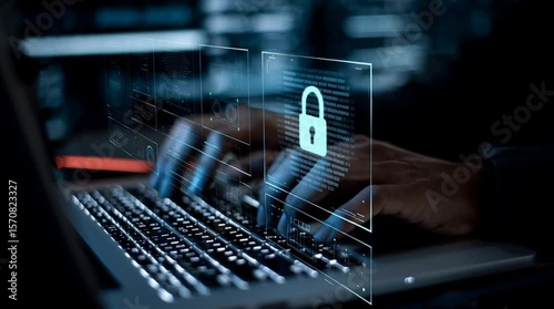 video. Secure data protection and network security systems. VPN connections and zero trust security. Man using laptop computer with an encrypted data security system