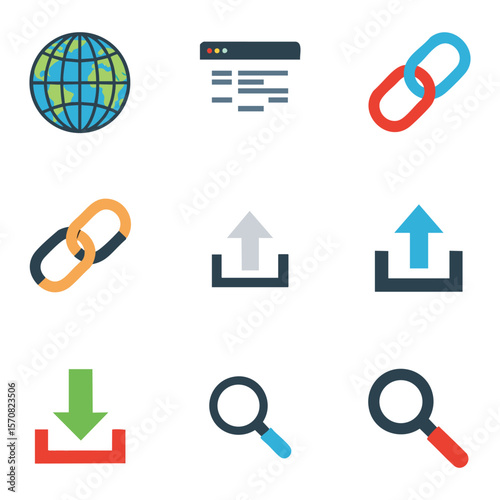Collection of nine flat design icons representing internet and data transfer functions